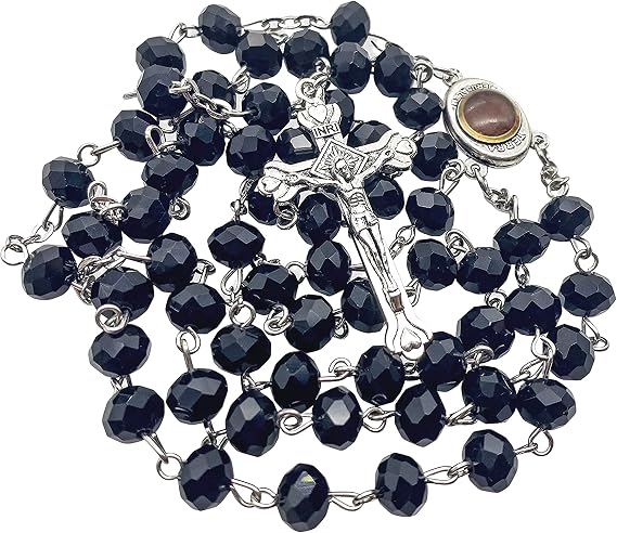Nazareth Store Crystallized Black Rosary Crystal Beads Necklace Holy Soil Medal & Cross - Velvet Bag