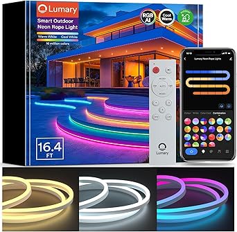 Lumary Smart Neon Rope Light for Outside, RGBAICW Flexible Color Changing Rope Light Waterproof IP65 for Pathway, DIY Scene Mode, RGB&Warm White&Cool White Work with Alexa Google Assistant, 16.4Ft