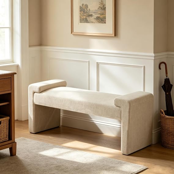 Upholstered Entryway Bench, 43" Modern Bedroom Bench, Camel