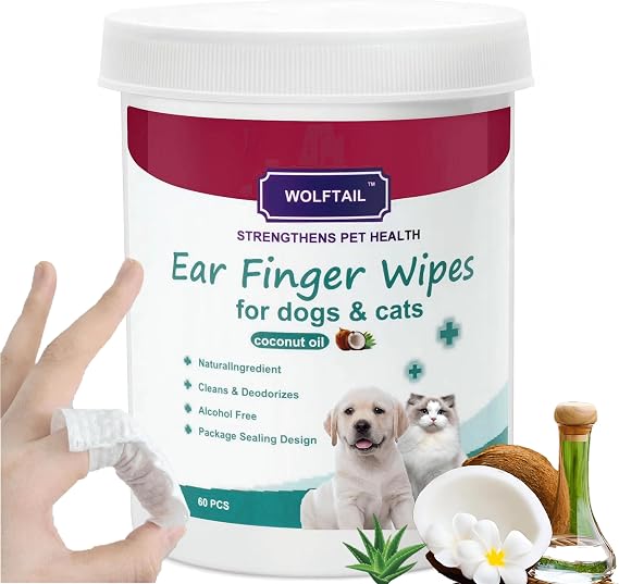Dog Ear Wipes for Dogs & Cats, Regular Size - 60 Count, Soothe Ear Inflammation,Dog Ear Cleaner, Gently Remove Ear Wax - Coconut Scent