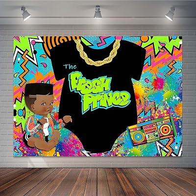 The Fresh Prince Baby Shower Backdrop Hip Pop Graffiti Gold Chain Radio Background Throwback to 80s 90s Boy Baby Shower Party Cake Table Decorations Photo Booth Props 7x5ft