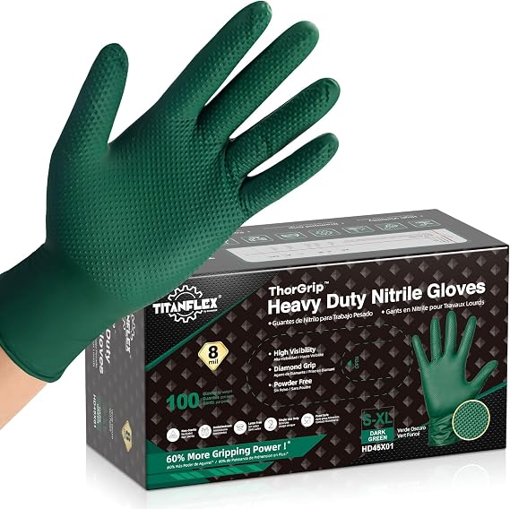 TitanFlex Heavy Duty Industrial Nitrile Gloves with Raised Diamond Texture, 8-mil, Latex Free (Green/Dark Green/Yellow)