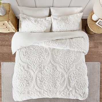 Madison Park Tufted Chenille 100% Cotton Duvet- Modern Luxe All Season Comforter Cover Bed Set with Matching Shams, King/Cal King104"x92", Damask Off White 3 Piece