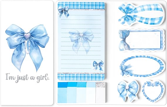 Xqumoi Coquette Blue Bow Sticky Notes Set - Im Just A Girl Self-Stick Note Pads Bowknot Notepads Writing Memo Pad Page Marker Bookmarker Preppy Girly Stuff Back to School Office Supplies Gift