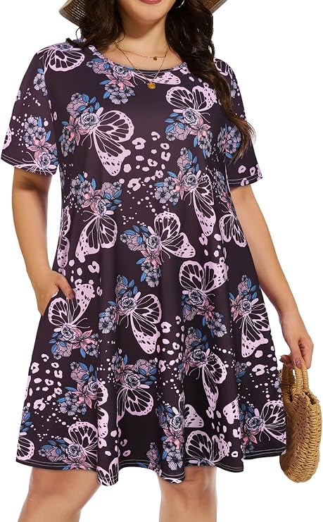 Plus Size Summer Dresses Casual Tshirt Dress Loose Beach Pockets Sundress