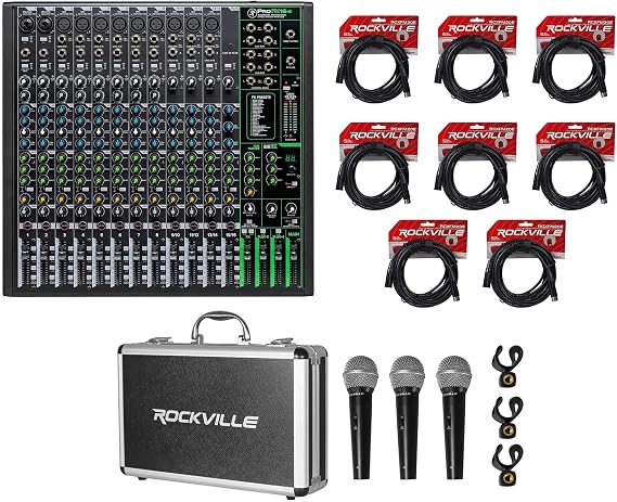 Mackie ProFX16v3 16-Channel 4-Bus Professional Effects Mixer w/USB ProFX16 v3 Bundle with Rockville RCXFM20E-B 20 Foot Female to Male XLR Mic and RMC-3PK 3 Pack Vocal/Instrument/DJ Mics