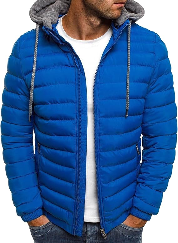 Men's Slim Thermal Puffy Jacket Coat Winter Full Zipper Drawstring Hooded Packable Winter Coat with Hood (Blue,X-Large)