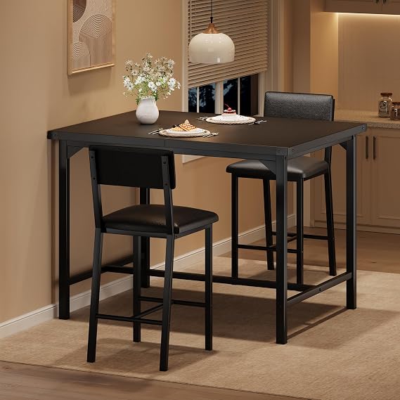 Kitchen Counter Height Table Set for 2 Small Spaces, 2-Piece Pub Dining Set with PU Leather Upholstered Bar Stools, Space-Saving Combo with Metal Corner Guards for Apartment, Diner, Breakfast Nook