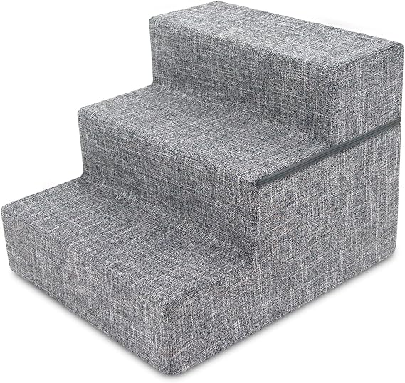 Best Pet Supplies Foldable Foam Pet Steps for Small Pets, Portable Ramp Stairs for Couch, Sofa, High Bed Climbing, Non-Slip Balanced Indoor Step Support, Paw Safe - Ash Gray Linen, 3-Step
