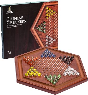 Yellow Mountain Imports Wooden Chinese Checkers Halma Board Game Set - 13.6-Inch - with 60 Colored Petal-Style Glass Marbles 16-Millimeter - Classic Strategy Game