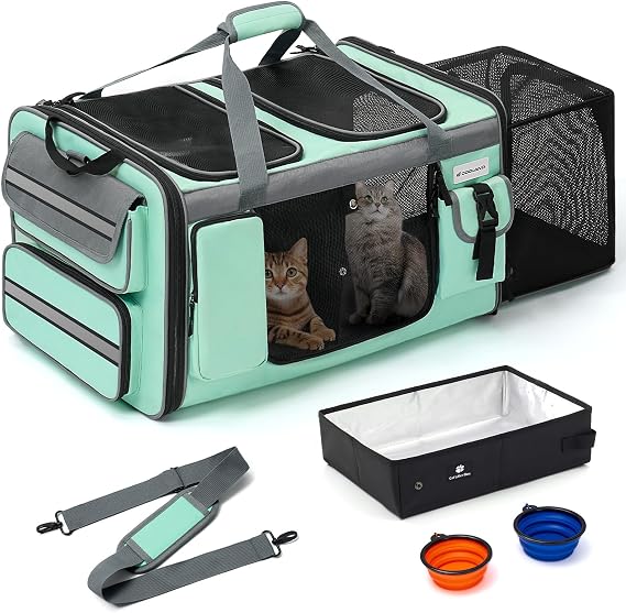 Odoland Extra Large Pet Carriers for 2 Cats Expandable Foldable Cat Travel Carrier Bag with Litter Box - Portable Dog Cat Soft-Sided Transport Carrier for Car Travel, Green