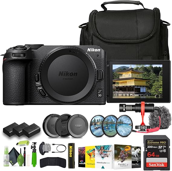 Nikon Z30 Lightweight Mirrorless Camera + 2X ENEL25 Replacement Battery + Memory Card Wallet + Extreme PRO 64GB Card + 12 Inch Flex Tripod + Photo Editing Software + Mic + More
