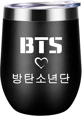 Kpop BTS Bangtan Boys 12oz Insulated Wine Tumbler Stainless Steel Tumbler Cup with Lid for Army Gifts Black