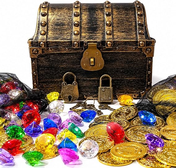 Pirate Treasure Chest with 288 Gold Coins and Diamonds for Kids