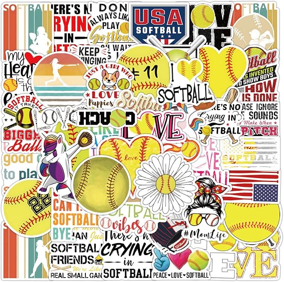 Softball Stickers for Teens Adult,50PCS Cute Soft Ball Vinyl Waterproof Sticker for Laptop,Water Bottles,Helmets, Luggage Party Favors, Sport Sticker Soft Ball Decorations (Yellow)