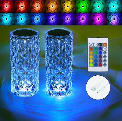 Crystal Table Lamp,RGB Rose Diamond Touch Lamps 2PACK Color Changing Night Light for BedroomLiving RoomParty Dinner Decor Creative Lights Housewarming Remote & Touch