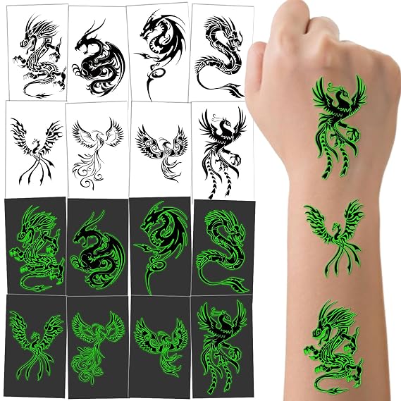 Glow in The Dark Dragon Phoenix Temporary Tattoos 16 Sheets