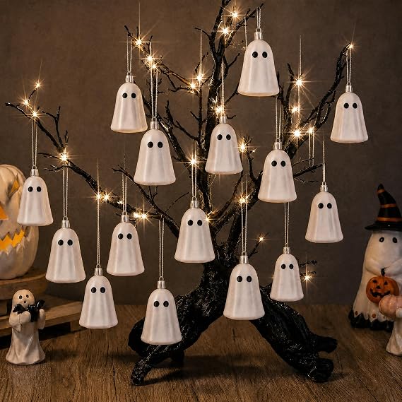 Tigeen 12 Pcs Halloween Hanging Ornaments Cute Ghost Decoration Halloween Tree Decoration Plastic Decorative Mini Ghost Ornaments for Home Tree Party Supplies (Cute,White)