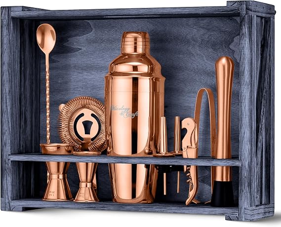 Mixology & Craft Rustic Cocktail Shaker Set Includes Wood Stand, Complete Barware Kit with 24 Oz Shaker, Dual Jiggers, Pourers, Muddler, Strainer Perfect for Home Bartenders (Copper)