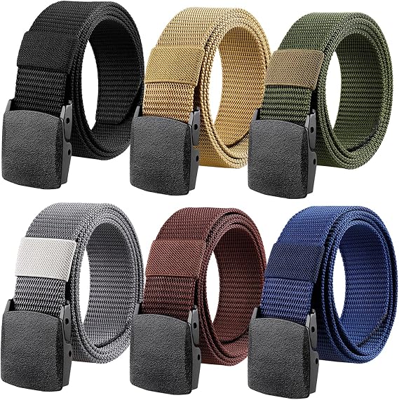 6 Pack Nylon Belts for Men Women Tactical Work Plastic Buckle Metal Free Casual Hiking