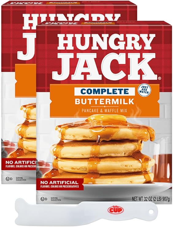 Hungry Jack Complete Buttermilk Pancake & Waffle Mix, 32 oz (Pack of 2) with By The Cup Spatula Knife