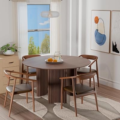 Casaphoria 52 Round Dining Table for 4-6, Farmhouse Style Table with Stripes Base, Easy Assembly for Living Room, Kitchen, Bar, Walnut
