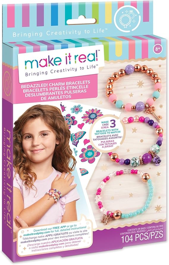 Make It Real: Bedazzled! Charm Bracelets Kit - Blooming Creativity - Create 3 Unique Bracelets, 104 Pieces, Includes Play Tray, All-In-One, DIY Jewelry Kit, Tweens & Girls, Arts & Crafts, Ages 8+