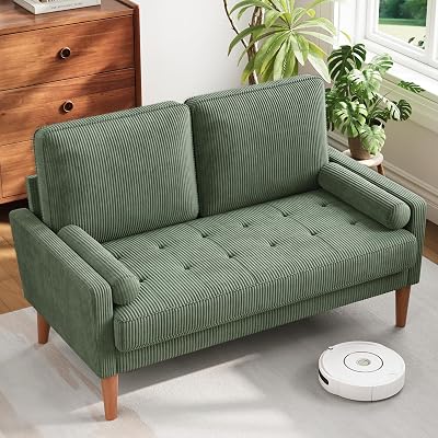 Vesgantti Loveseat Sofa with Solid Wood Legs,48 Small Corduroy Couches for Small Spaces, Mid Century Modern Love Seat for Living Room, Bedroom, Easy Assembly with Throw Pillow, Green