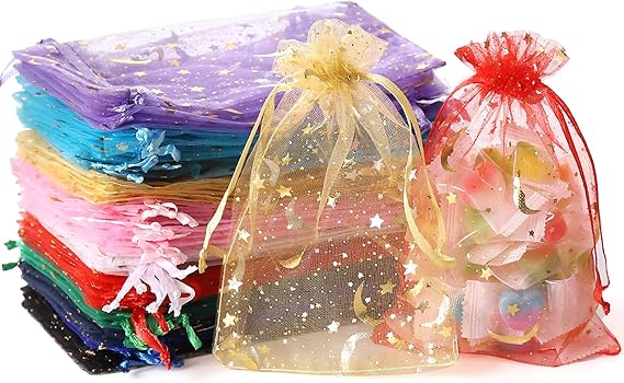 100PCS Moon Star Organza Bags, 4x6" Wedding Favors Bags with Drawstring, Mixed Color Little Mesh Gift Pouches Candy Organza Gift Bags for Party, Jewelry, Christmas, Mother's Day, Festival, Eid Mubarak Party Favor Bags