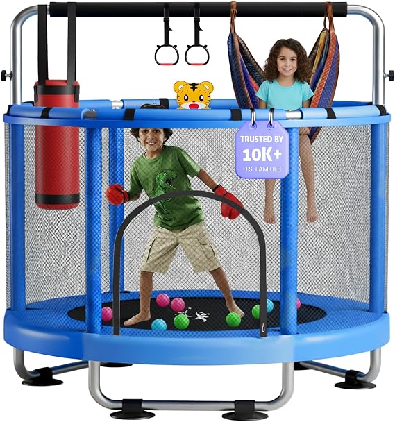 55" Toddler Trampoline for Kids Ages 38 Indoor & Outdoor Kids Trampoline Anti-Tilt Frame, Adjustable Gym Bar, Basketball Hoop, Ocean Balls, Boxing Bag, Hammock & Boxing Gloves
