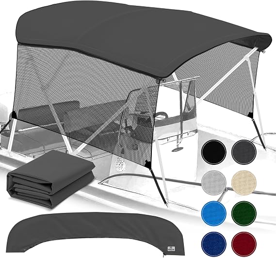 Universal 3 Bow Bimini Top Replacement Canvas & Detachable Sidewalls with Storage Boot, 900D Marine Grade Sun Shade Boat Canopy with Mesh Side Blocks, No Frame, 61-66" W, Charcoal Gray