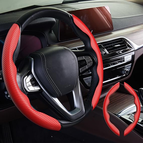 Steering Wheel Covers, New Carbon Fiber Texture Steering Wheel Cover for Women&Man, Safe and Non Slip Car Steering Wheel Cover, Universal Fit 99% Car Steering Wheel Covers (RED, 2 PCS)
