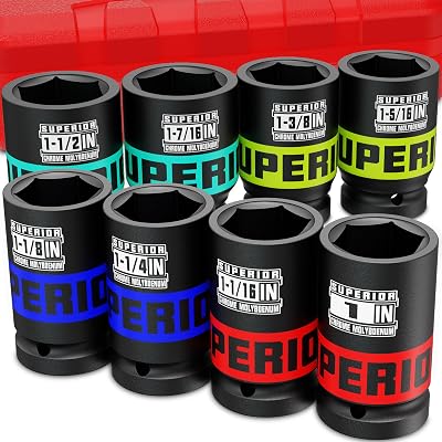 8 Piece 34 Drive Impact Socket Set, 1 - 1-12 Axle Nut Socket, SAE, 6-Point, Heavy Duty CR-MO, Large Automotive Repairs, Agricultural implement