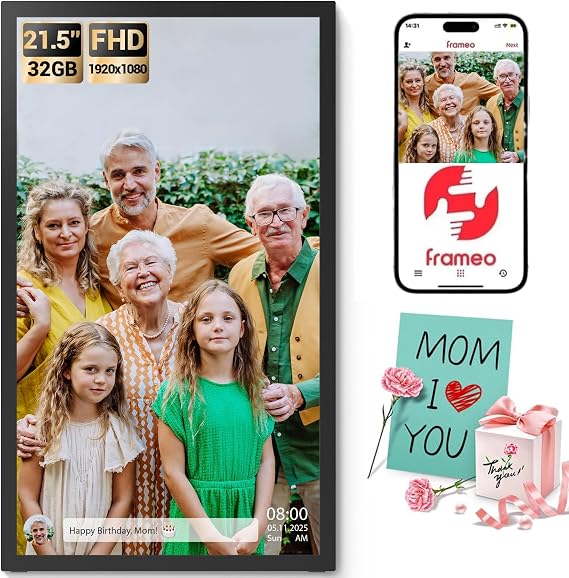 21.5" Frameo Digital Picture Frame, WiFi Digital Photo Frame 1920x1080 HD IPS Touch Screen, 32GB Memory, Auto-Rotate Portrait and Landscape, Wall-mountable Frameo