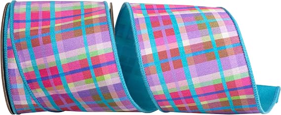 Reliant Ribbon Plaid Bright Deluxe Turquoise Backed Wired Edge, Turquoise, 4 Inch, 10 Yards