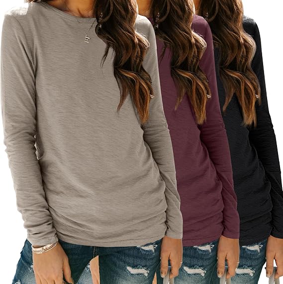 SUNBS 3 Pack Women's Long Sleeve Shirts Crewneck Basic Fall Tops | Shirts for Teacher Casual Soft Crewneck Basic Tee Tops Fall Outfit Clothes Winter Underscrub Airport Travel Fashion