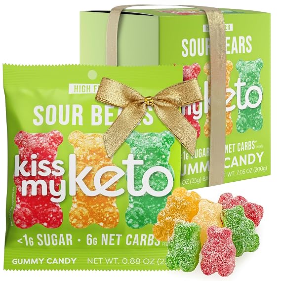 Kiss My Keto Sour Sugar Free Gummy Bears, 8-Pack Satisfy Cravings while Staying in Ketosis High Fiber, 6g Net Carbs, Non-GMO, Vegan, No Gluten Fruity Gummies