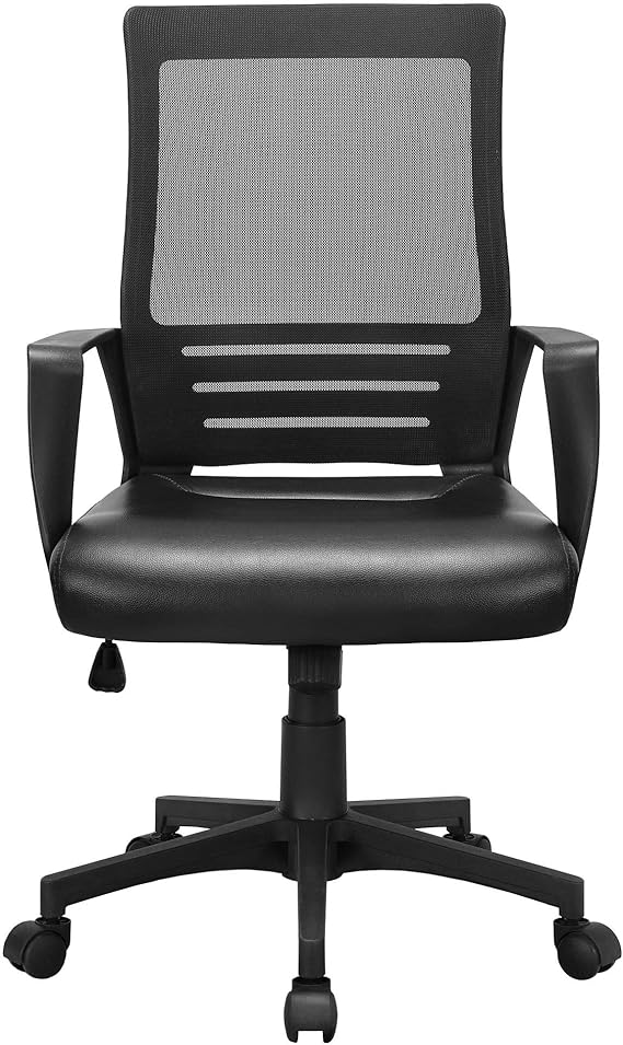 Yaheetech Computer Desk Chair, Mid-Back Mesh Swivel Office Task Seat, Black | Breathable mesh back and padded PU leather seat keep you comfortable all day, with quick assembly and sturdy 265 lb support.