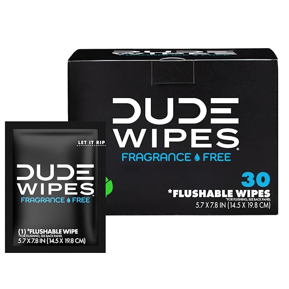 DUDE Wipes On-The-Go Unscented Adult Flushable Travel Wipes, 30 Count | 30 individually wrapped flushable butt wipes. Travel essentials. Hypoallergenic, 99% water, vitamin E and aloe. Septic safe.