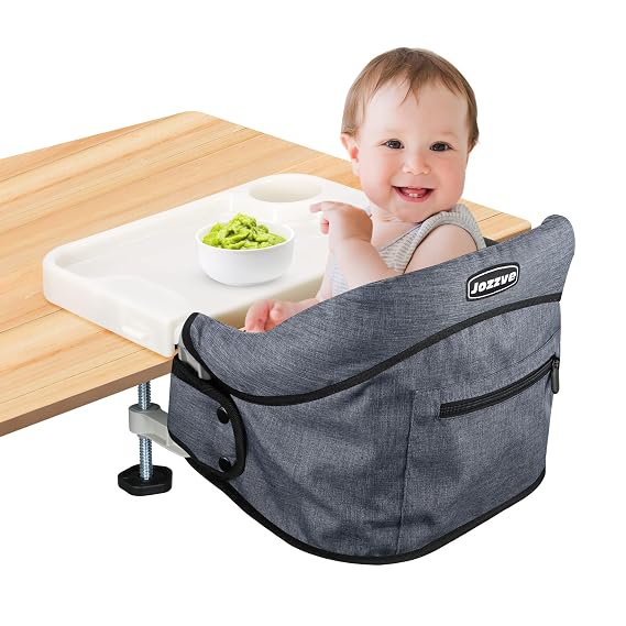 Hook On High Chair with Detachable Tray, Portable Foldable Clip On Baby Travel High Chair, Lightweight Feeding Seat with Storage Bag, BPA-Free Safety Harness for Home Restaurant (Grey)