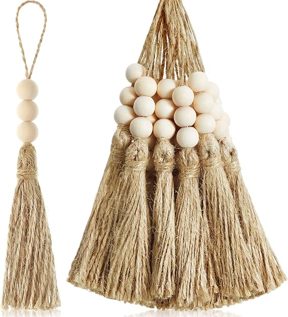 Taiyin 40 Sets Jute Rope Tassel with 3 Wood Beads, Natural Christmas Decor