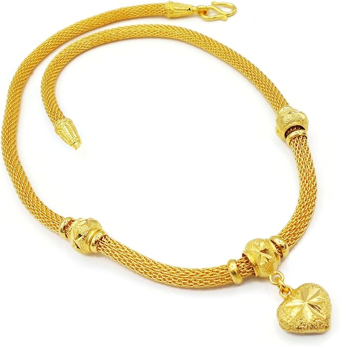 Heart Beaded 22k 23k 24k Thai Baht Yellow Gold GP Necklace Pendant Jewelry Women 20 inch