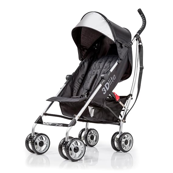 Bright Starts 3Dlite Convenience Stroller, Black - Lightweight Stroller, Large Seat Area, Mesh Siding, 4 Position Recline, Extra Large Storage Basket, Infant Stroller for Travel
