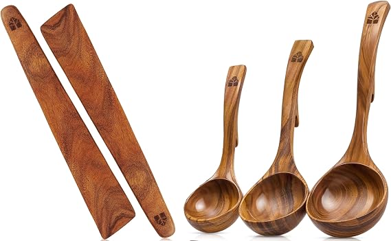 12 Inch Teak Wood Spatula Set of 2, Wooden Ladle Set of 3 - Spatulas for Flipping, Scraping & Turning - 3 Size Soup Ladle