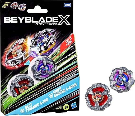 Beyblade X Beat Tyrano 4-70Q & Knife Shinobi 4-80HN Dual Pack Set with 2 Right Rotating Tops; Takara Tomy Authentic Battle Tops; Games/Toys for Boys & Girls 8+