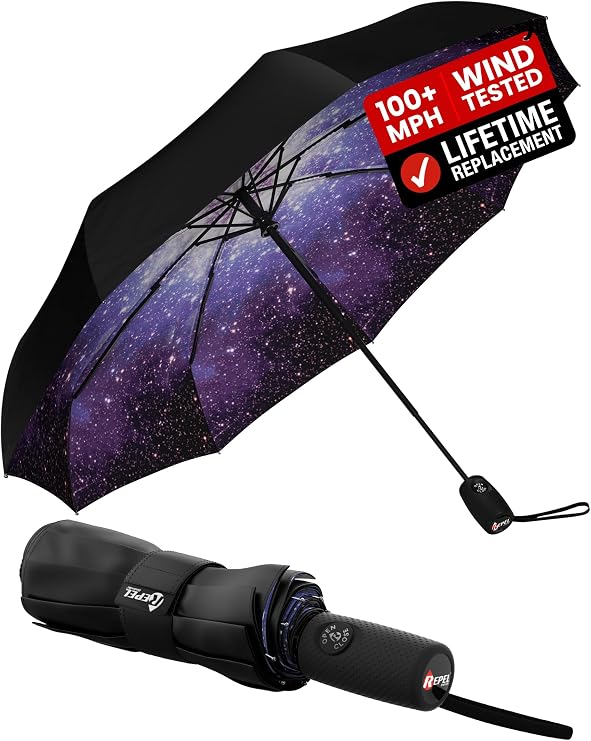 Windproof Travel Umbrella - Compact & Withstands Winds up to 100MPH, Strongest Premium Auto Folding Umbrella for Rain and Sun - Durable, Light & Portable for Women & Men, Fits Backpack & Cars
