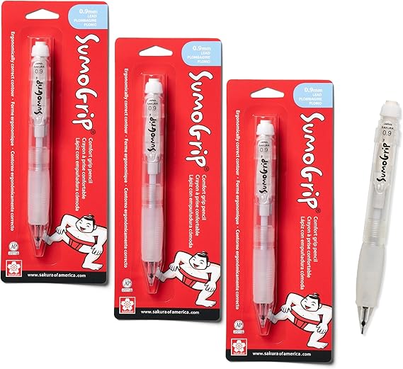 Sakura SumoGrip Ergonomic Mechanical Pencil, 0.9 mm, Clear, 3 Pack