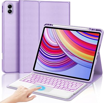 Touchpad Keyboard with Tablet Case for Xiaomi Redmi Pad Pro 12.1 Inch 2024Poco Pad 12.1 Released 2024,7-Color Backlit,Detachable Wireless Keyboard Protective Case with Pen Holder,Purple