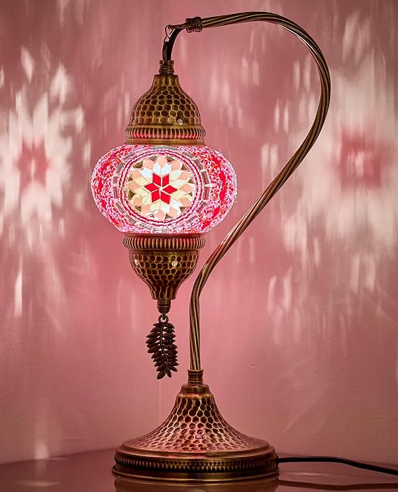 DEMMEX Turkish Moroccan Table Lamp, Swan Neck Tiffany Style Mosaic Glass Table Desk Bedside Lamp for Bedroom, Living Room Handcrafted in Turkey, Pink
