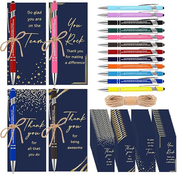Qilery 24 Set Employee Appreciation Pens Gift Black Ink Metal Inspirational Ballpoint Pen with Stylus Tip Colorful Motivational Quote with Thank You Card Rope for Office Coworker Men Women